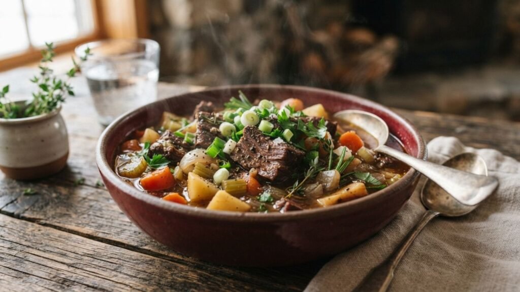 Tender yak meat stew with vegetables and herbs