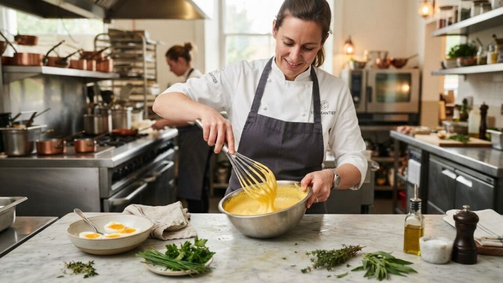 Step-by-step preparation of creamy stuffed eggs, from boiling and peeling to filling and garnishing.