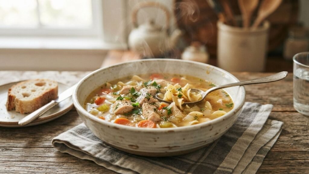 Chicken carcass stock serving
