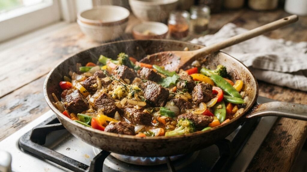 Yak meat cooking with onions and vegetables