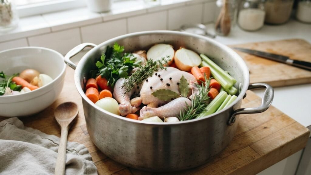  Chicken carcass stock with vegetables