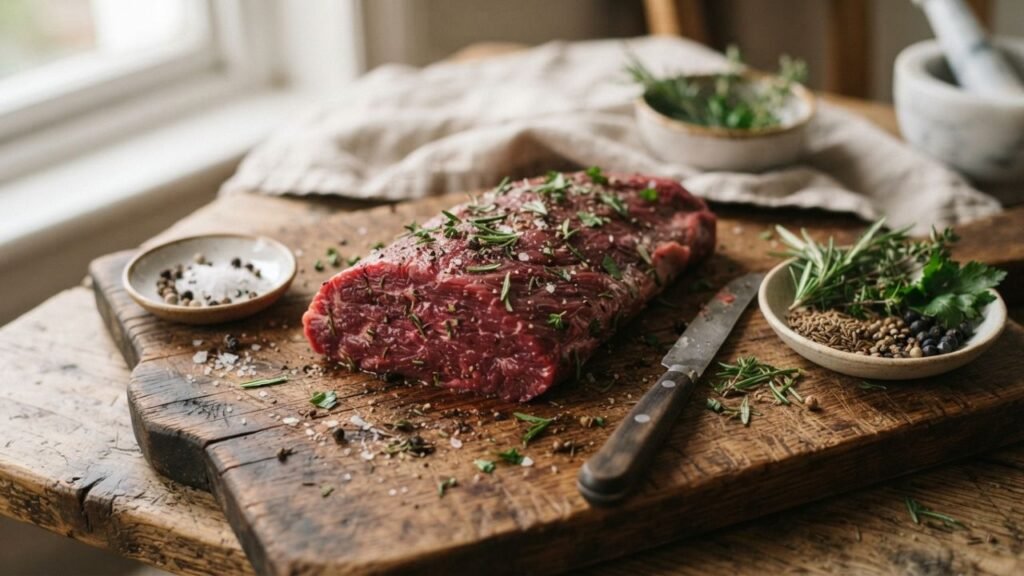 Fresh yak meat with herbs and spices