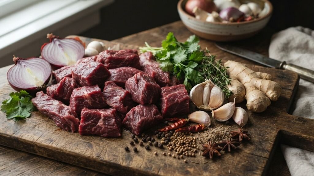 Yak meat with herbs, spices, and vegetables
