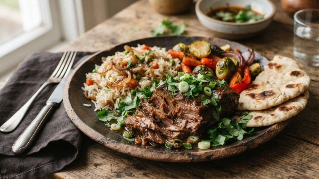 Served with rice and vegetables