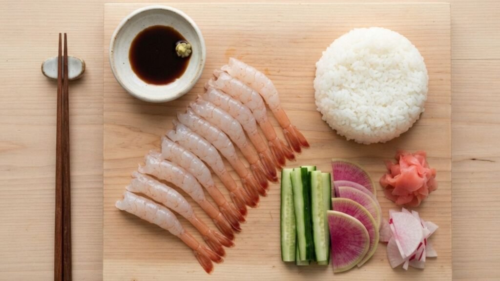 Fresh shrimp meal ingredients with rice, ginger, soy sauce, and vegetables