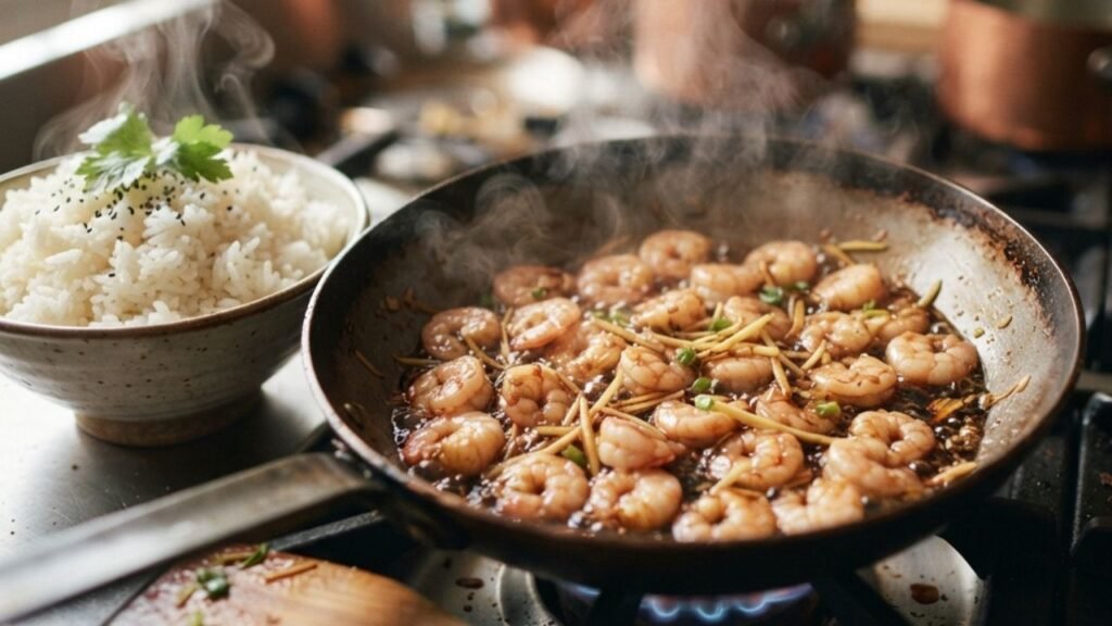 Fresh shrimp meal preparation with rice, ginger, soy sauce, and vegetables